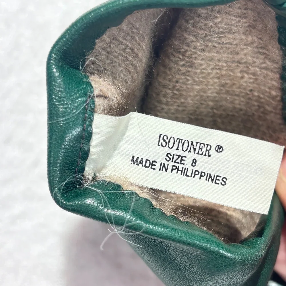 VTG Isotoner Gloves Green Leather Cashmere Winter Luxury Women Sz 8 Medium Large - Picture 4 of 8